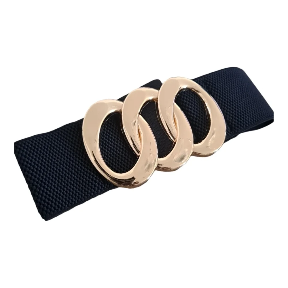 Black Stretch Wide Waist Belt Gold Triple Ring Buckle Elastic Classic Statement
